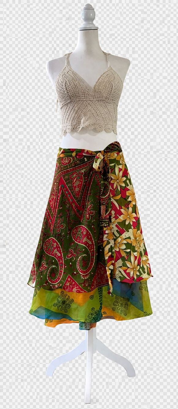Kariza Boho Silk Blend Wrap Skirt Green Floral Paisley Midi Festival OSFA